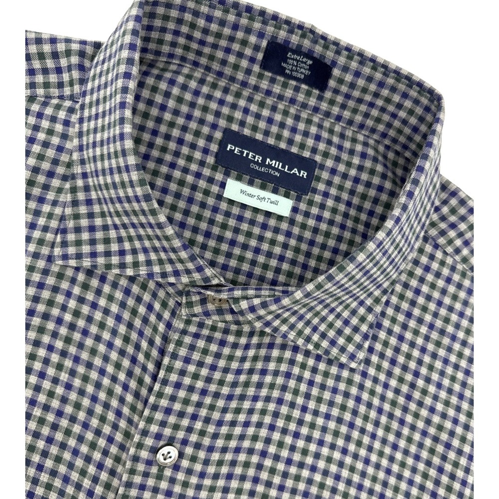 Peter Millar Button Down Men's XL Blue Green Check Winter Soft‎ Twill Shirt